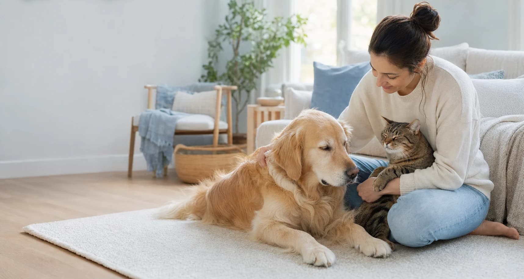 A pet parent relaxing at home with a golden retriever and tabby cat