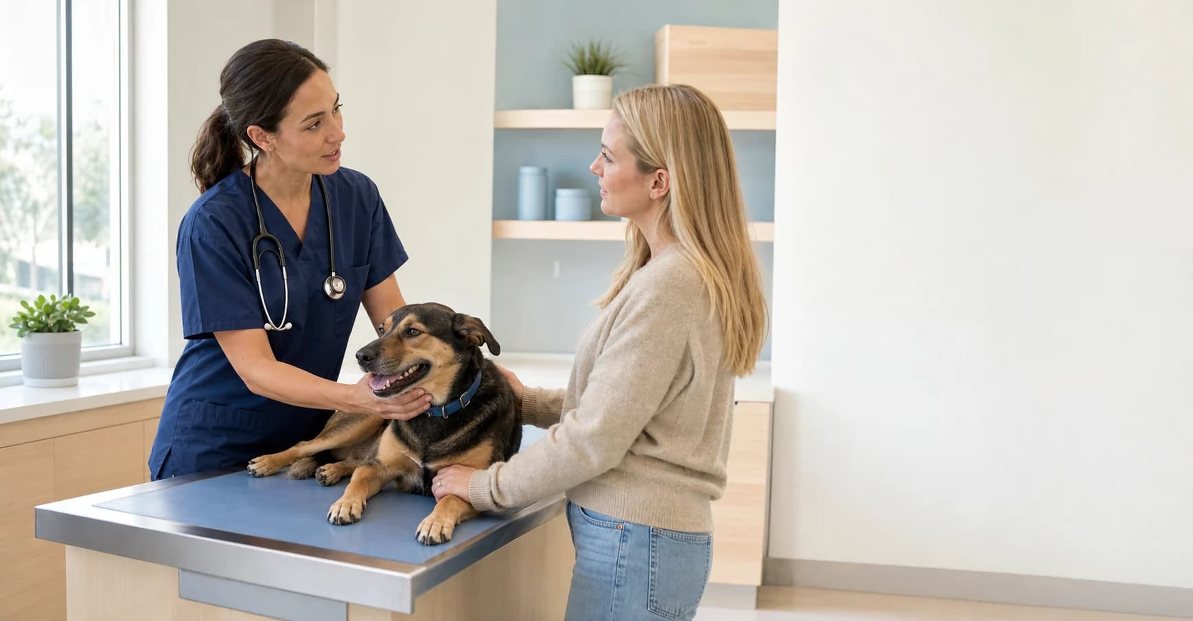 A veterinary professional speaking with a pet parent during a dog wellness visit