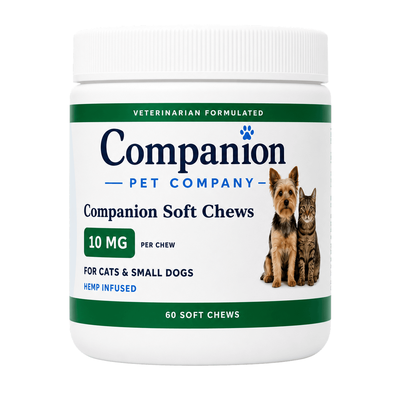 Companion 10mg CBD soft chews for cats, small dogs, and pets, 60-count jar