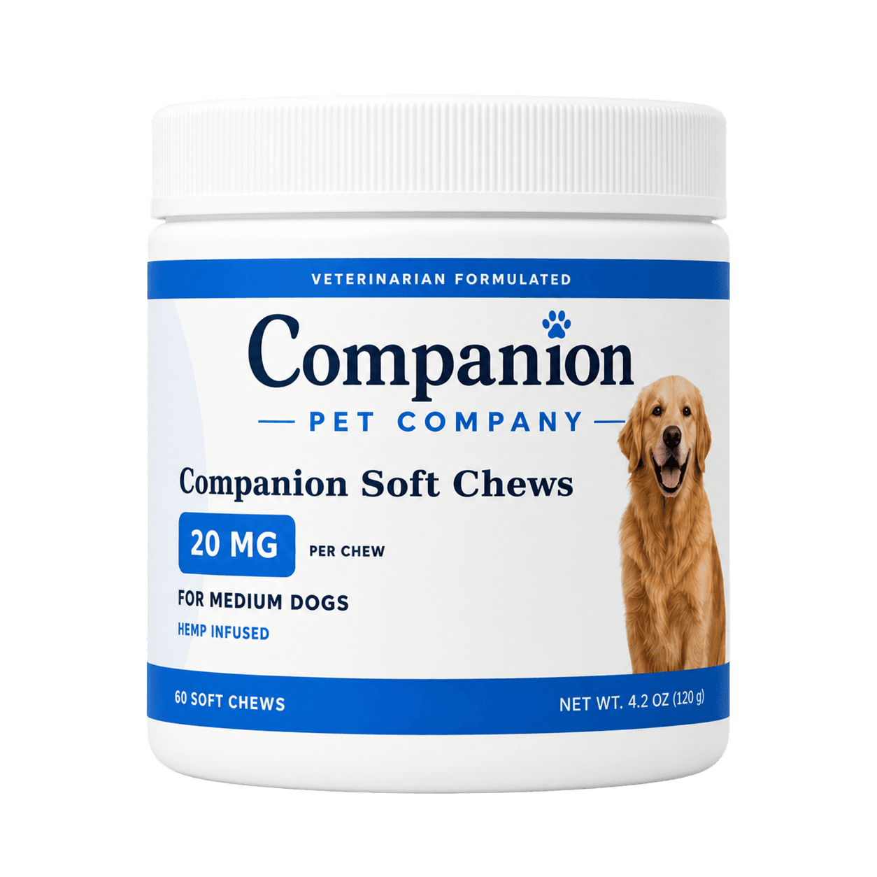 Companion 20mg CBD soft chews for medium dogs and pets, 60-count jar