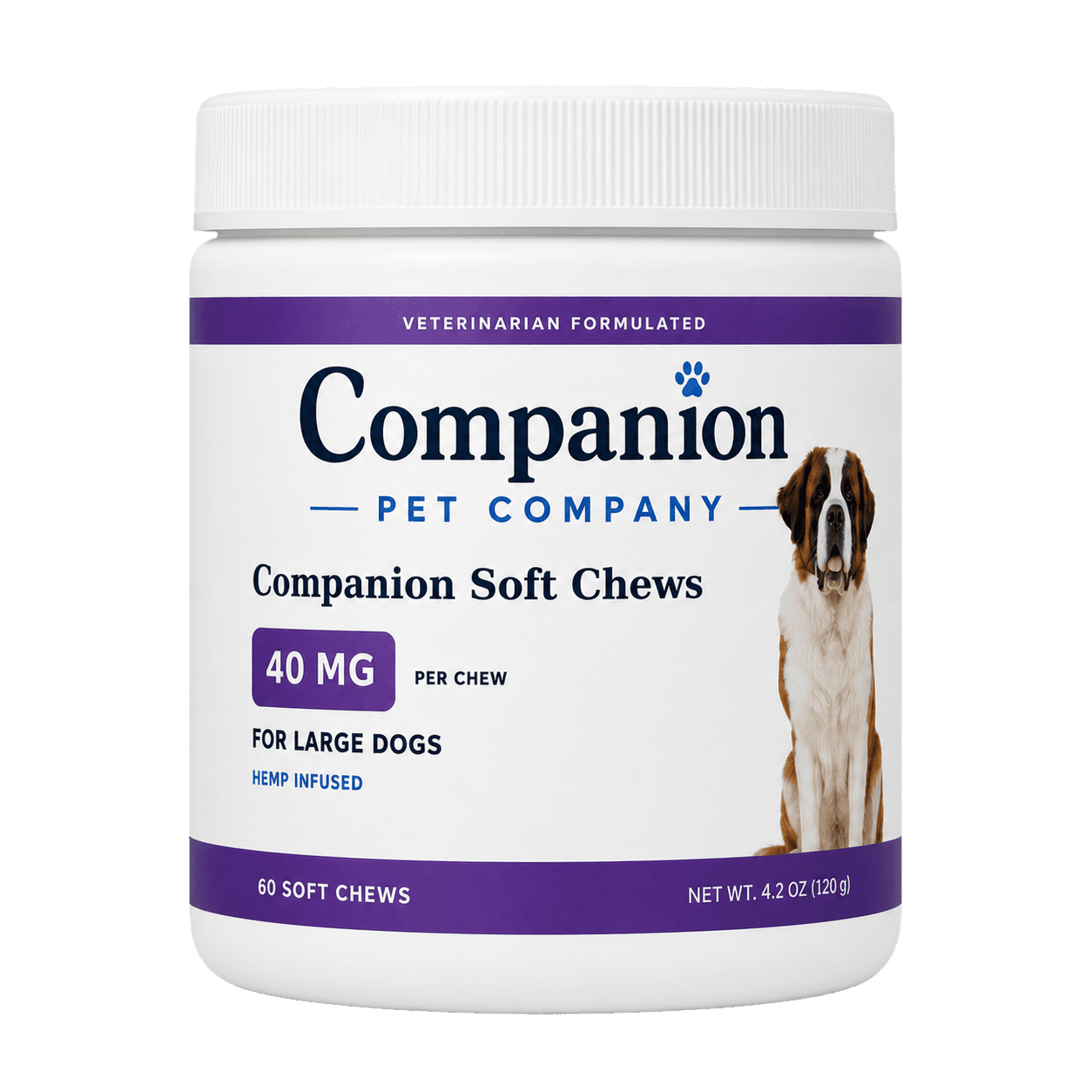 Companion 40mg CBD soft chews for large dogs and pets, 60-count jar