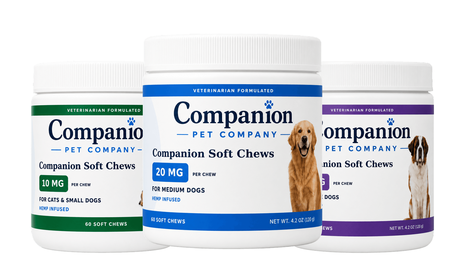 Companion Pet Company CBD soft chews for dogs, cats, and pets in 10mg, 20mg, and 40mg strengths